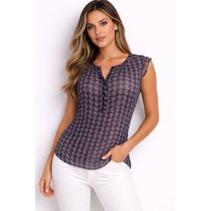 ANN TAYLOR NAVY BLUE GEO PRINT SEMI-SHEER SLEEVELESS BLOUSE SHIRT TOP SZE: L NWT